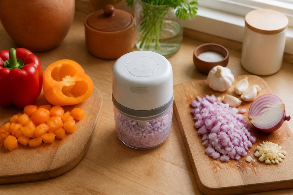 Compact electric chopper on a kitchen worktop next to freshly chopped vegetables